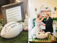 Collage of football wedding ideas including football wedding guest book and bride and groom eating football themed wedding cake 