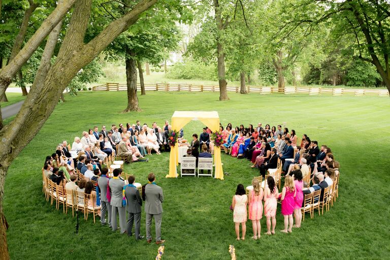 Yellow mandap at ceremony in the round