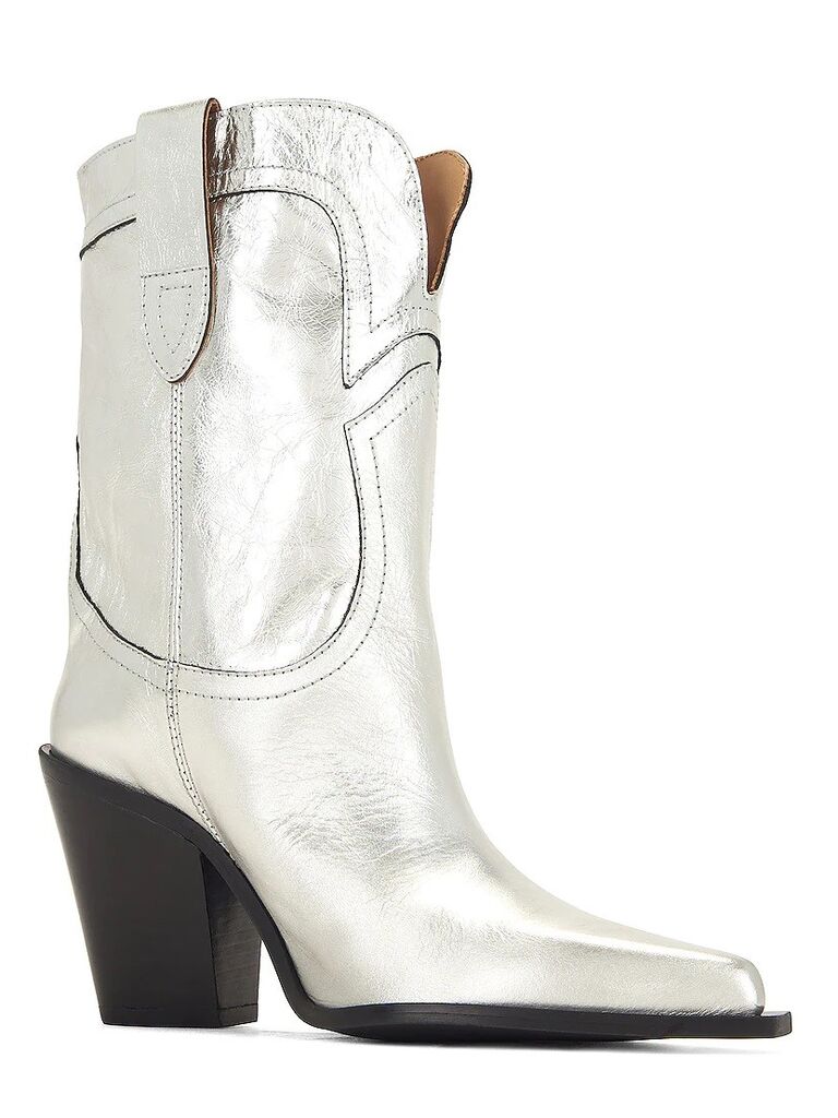 Shiny silver cowboy boots. 