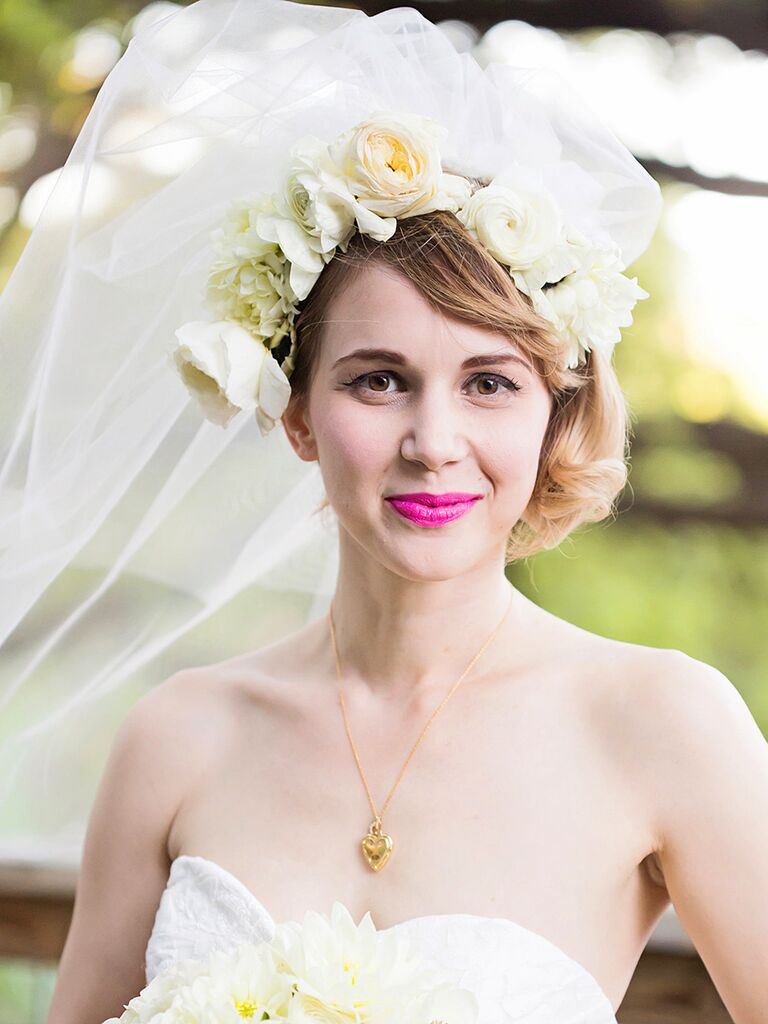 White flower crown with a blusher veil