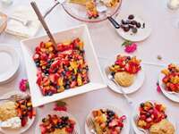 Healthy breakfast buffet spread for a bridal shower. 