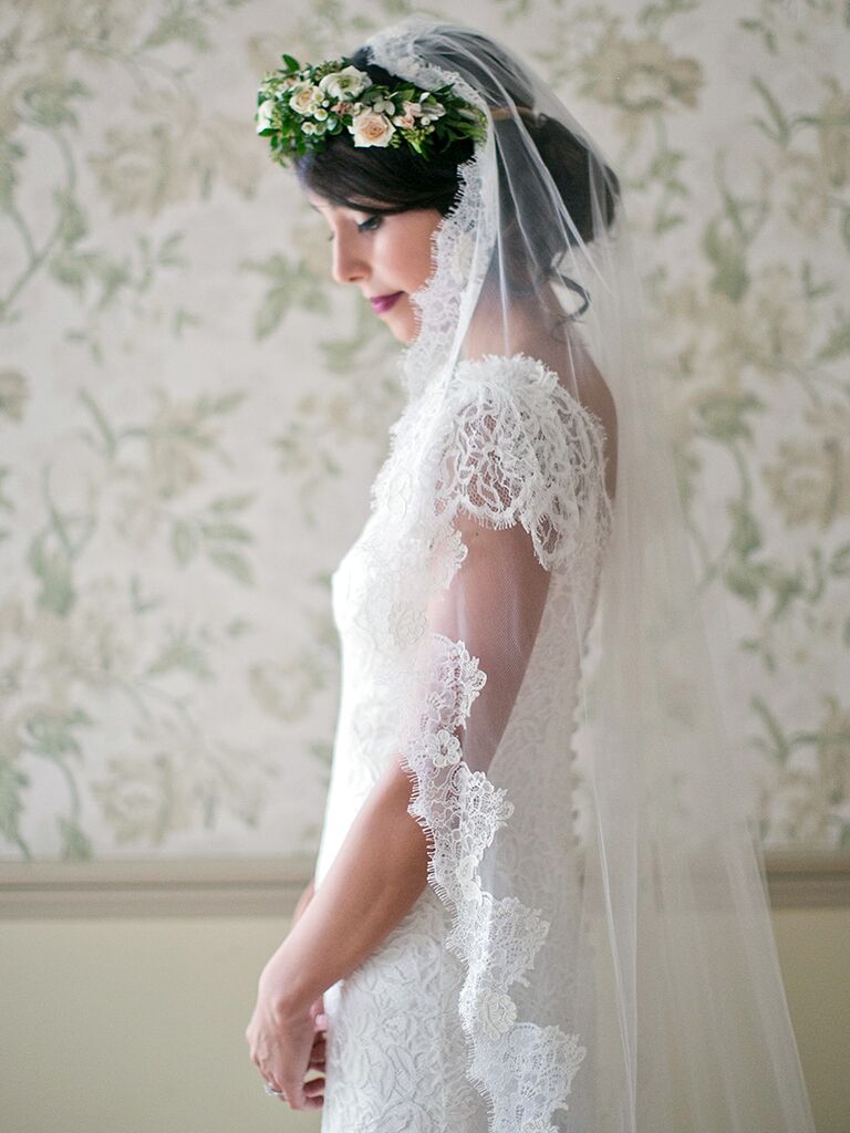 Mantilla lace veil with flower crown