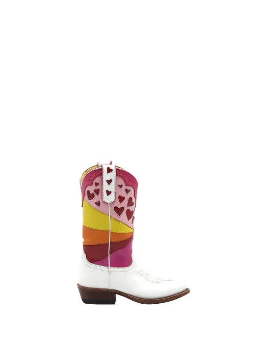 White cowboy boots with colorful stripes and a heart print. 