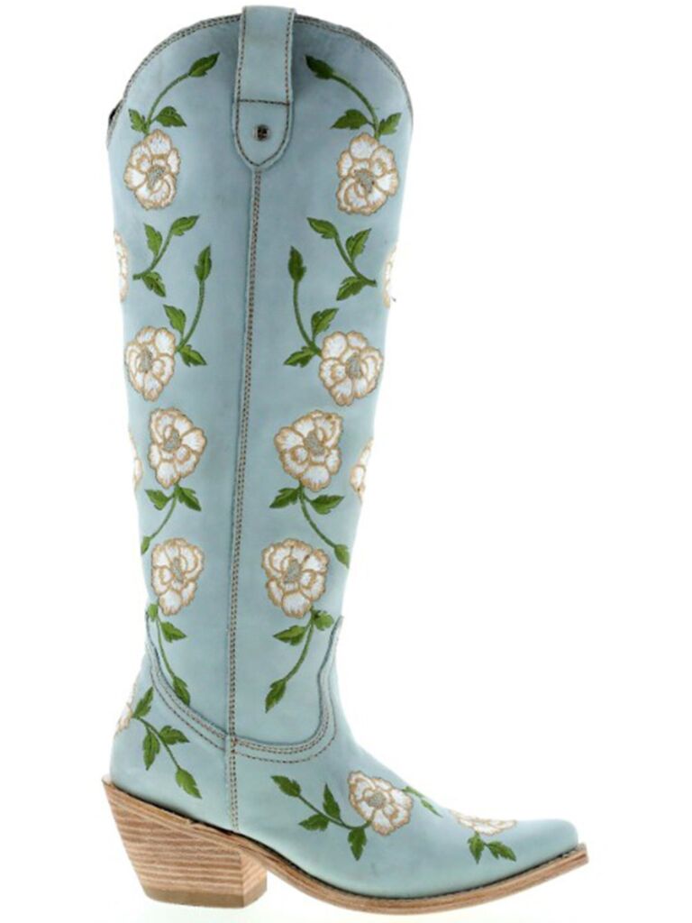 Beautiful blue cowboy boots with a floral pattern. 