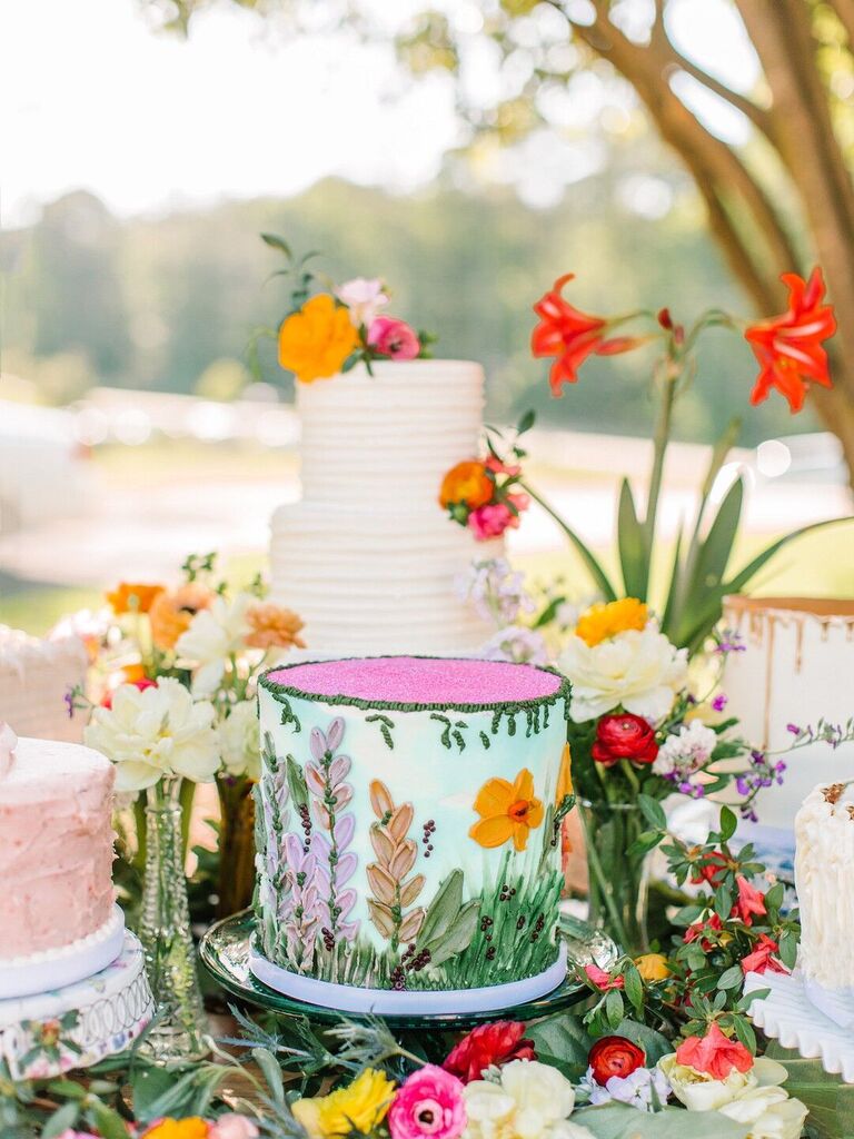 Whimsical garden-themed spring one-tier wedding cake