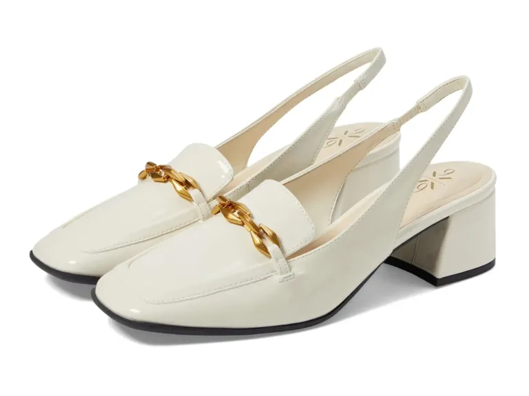 White patent slingback block heel loafers