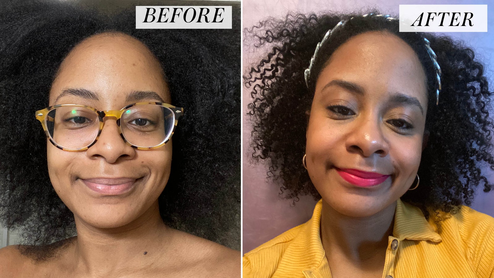 Sidebyside of a woman with kinky curly hair before and after using a curl defining product