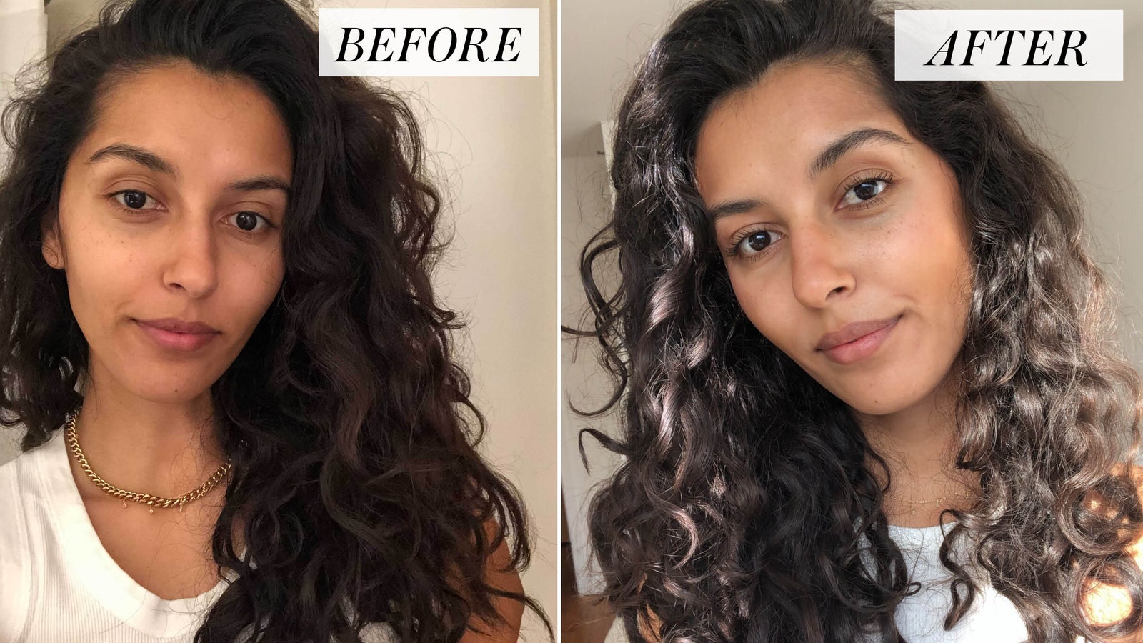 Sidebyside before and after of a beautiful woman with curly hair