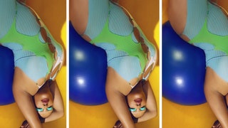 Three side by side images of a woman laying on a blue workout ball wearing a tight blue and green leotard in front of a...