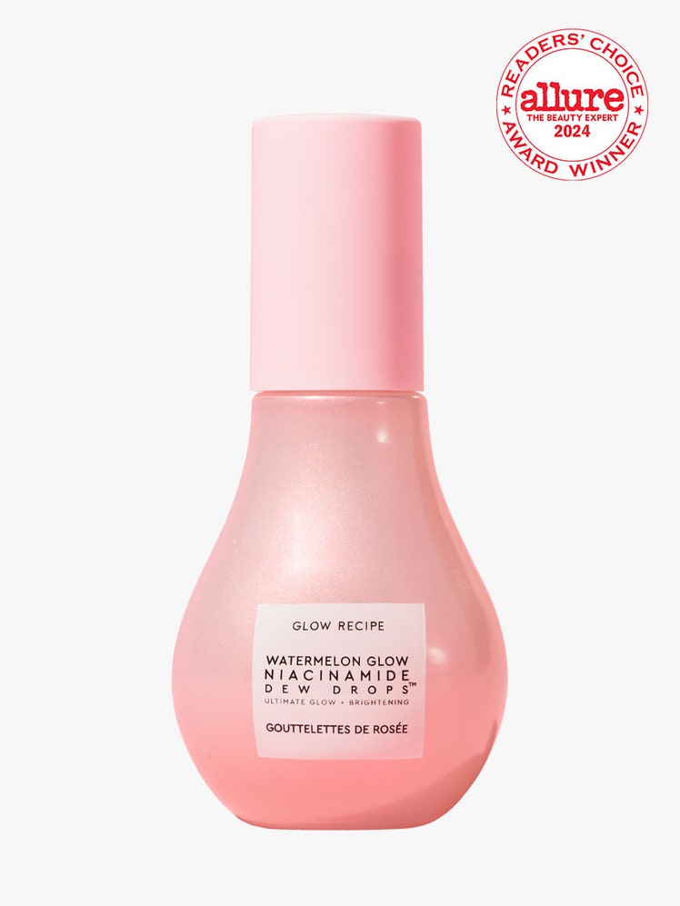 Glow Recipe Niacinamide Glow Drops pink teardrop shaped serum bottle on light gray background with white and red Allure...