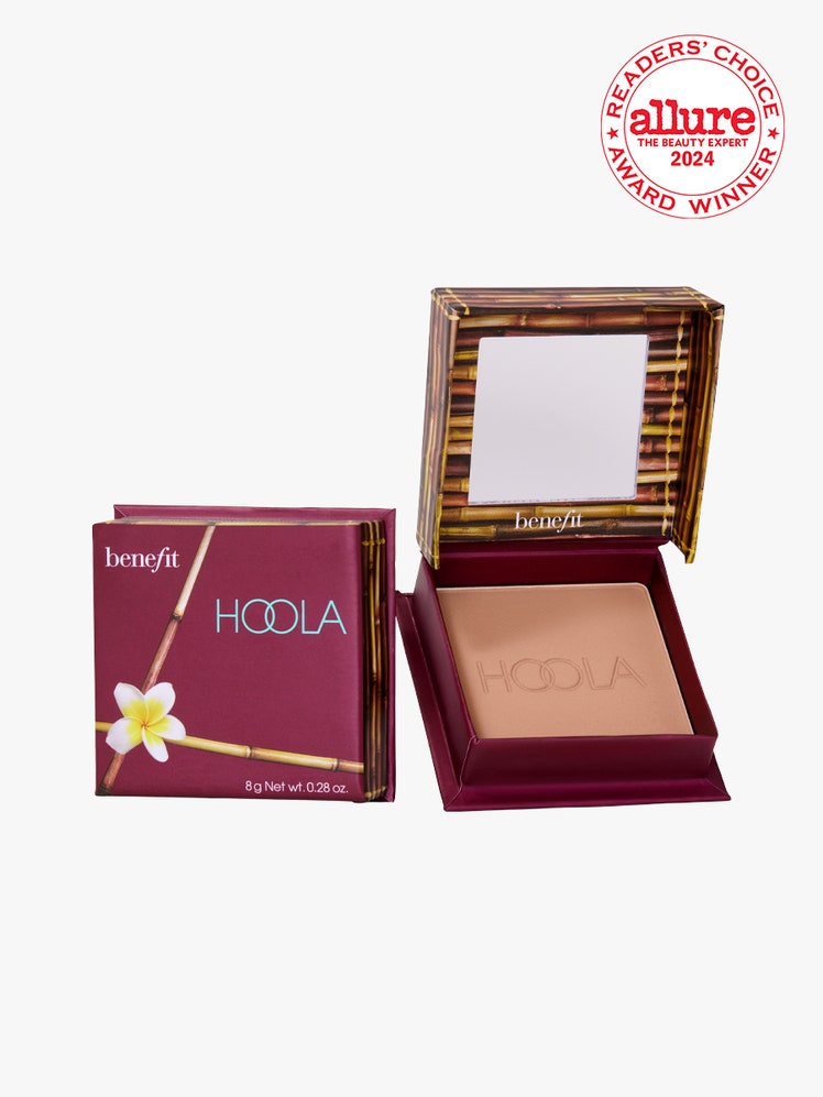 Benefit Cosmetics Hoola Matte Powder Bronzer purple square compact of bronzer on light gray background with white and...