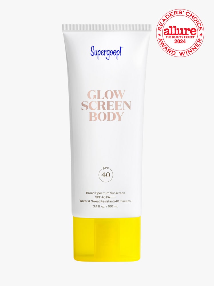 Supergoop Glowscreen Body SPF 40 white tube with yellow cap on light gray background with white and red Allure Readers'...