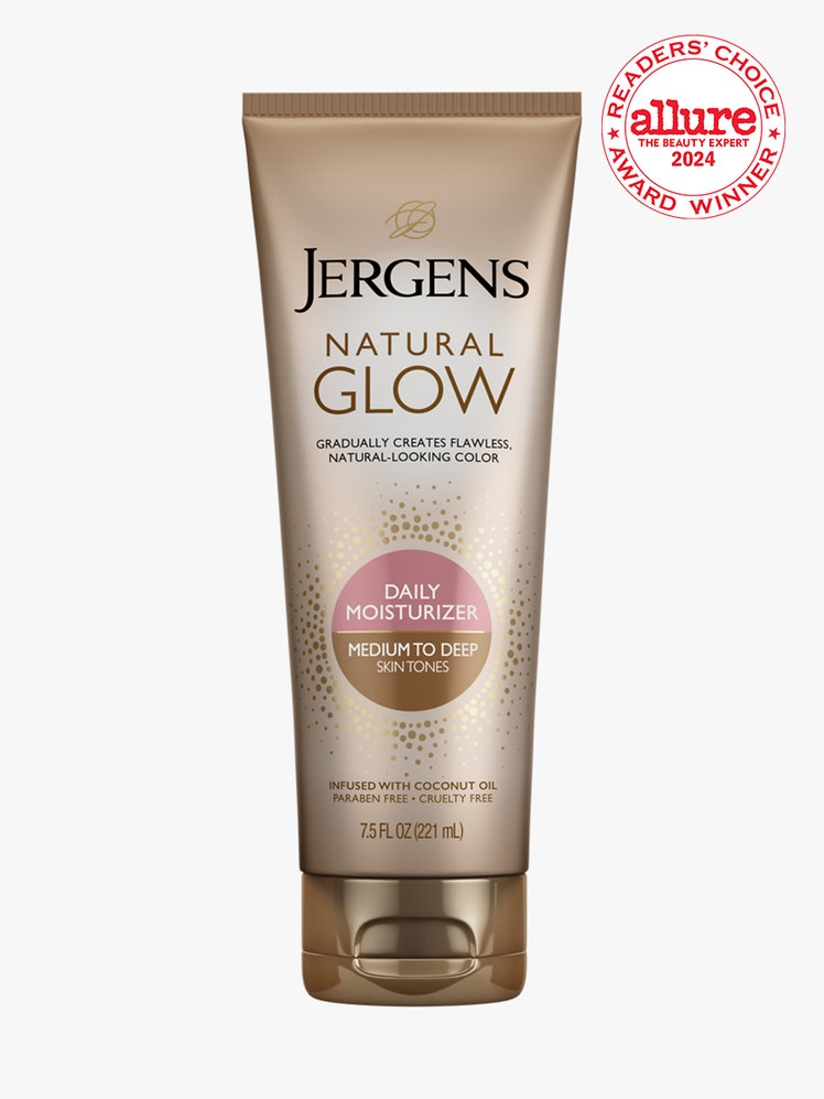 Jergens Natural Glow Daily Moisturizer bronze tube on light gray background with white and red Allure Readers' Choice...