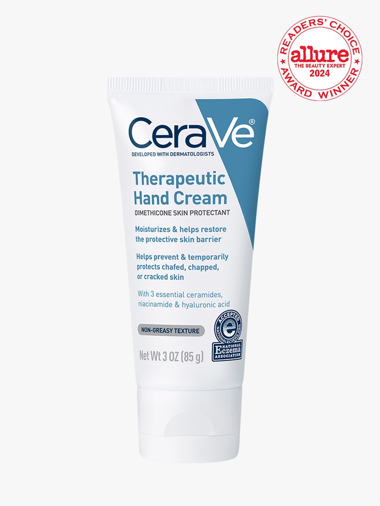 CeraVe Therapeutic Hand Cream white tube of hand cream with blue text on light gray background with white and red Allure...