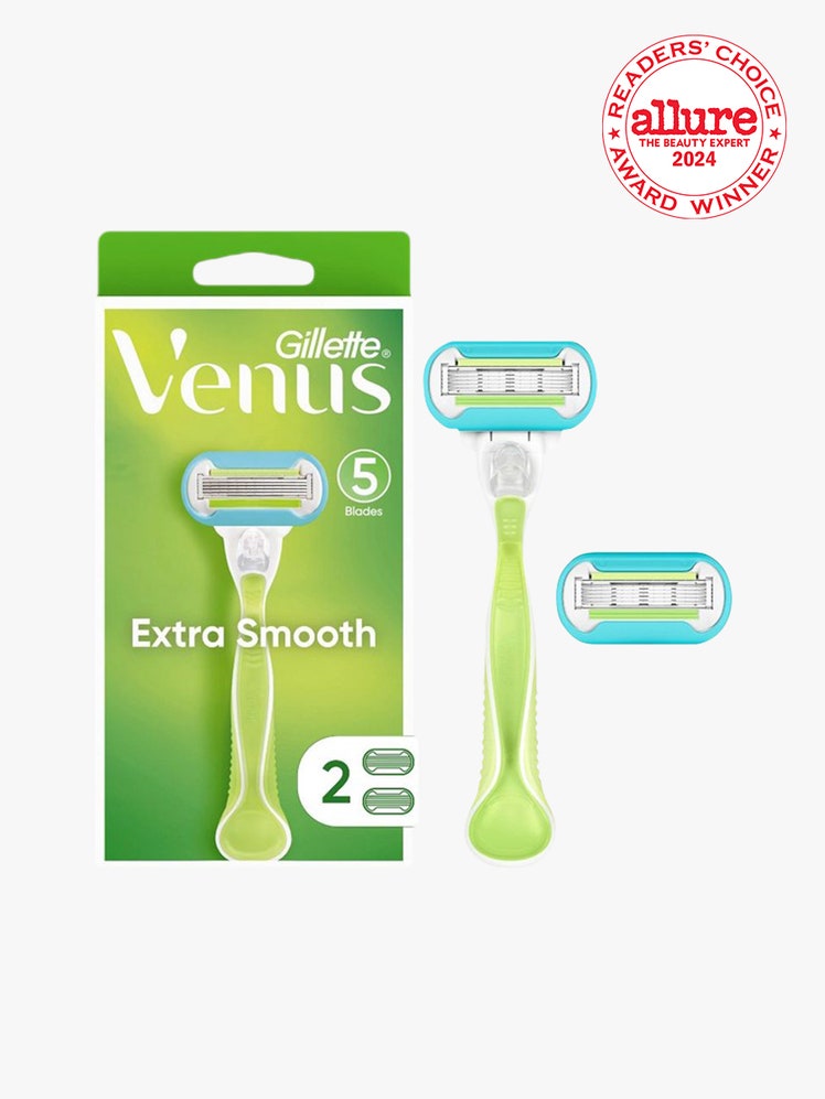 Gillette Venus Extra Smooth Razor green razor and box on light gray background with white and red Allure Readers' Choice...