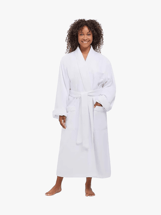 Terry Lined Microfiber Hotel Robe component on model with a light gray background