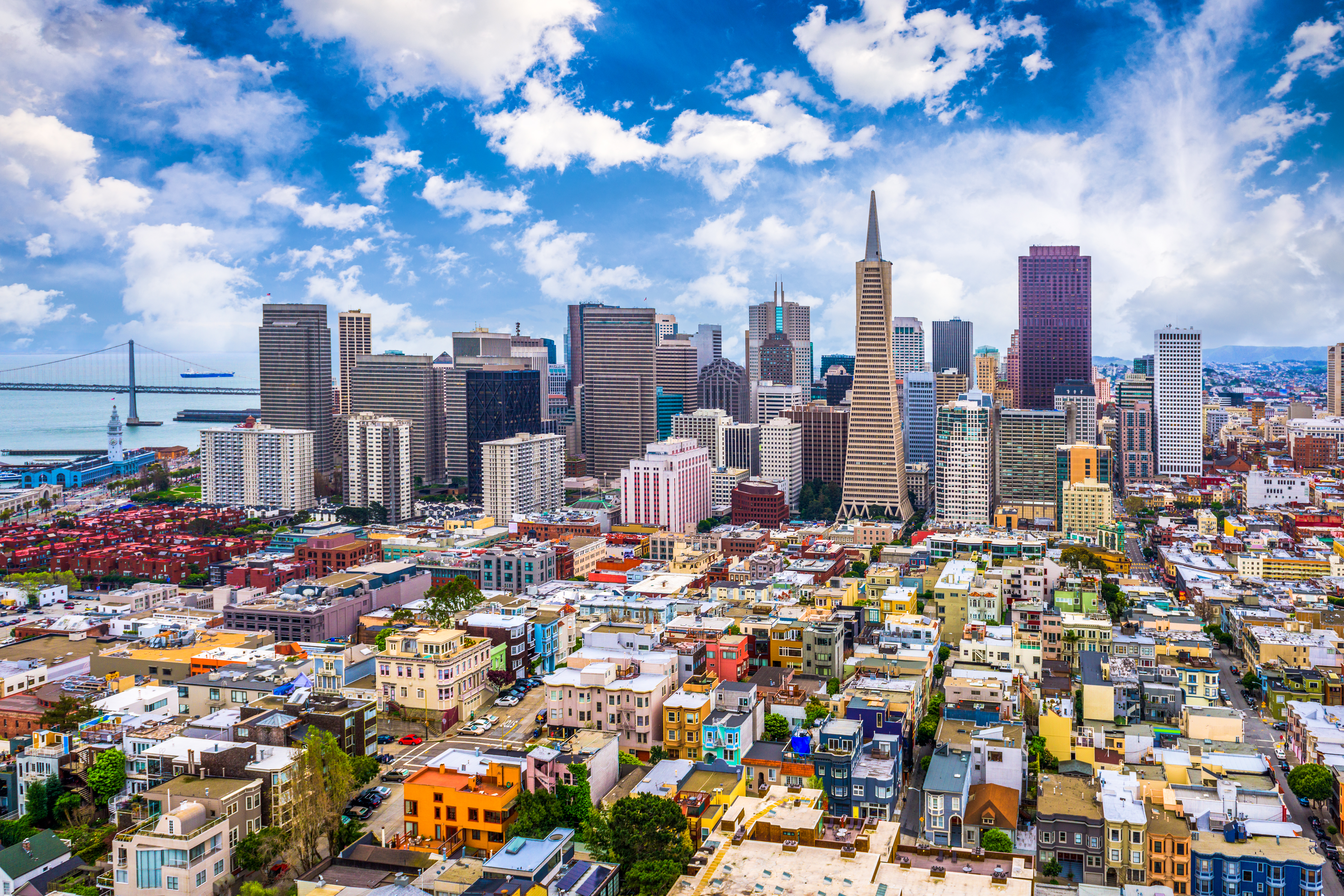 A colorful and bright view of San Francisco's downtown skyline.