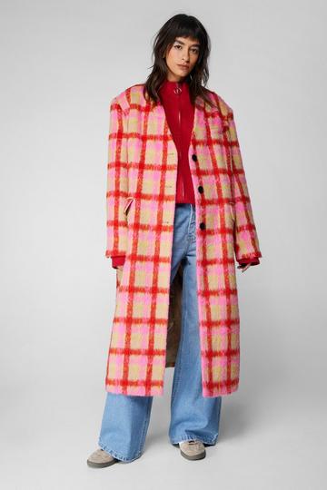 Premium Neon Plaid Tailored Duster Coat pink