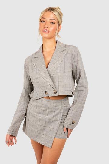 Linen Look Mini Check Boxy Crop Blazer chocolate