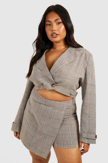 Plus Linen Look Mini Check Boxy Crop Blazer taupe