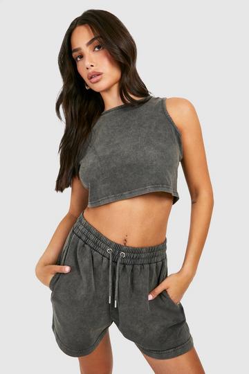 Petite Acid Wash Racer Top And Sweat Short Set charcoal