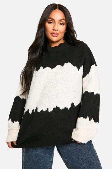 Plus Colour Block Abstract Stripe Oversized Jumper black