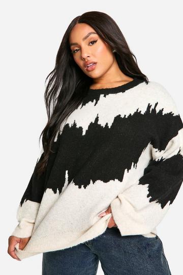 Plus Monochrome Abstract Stripe Oversized Jumper black