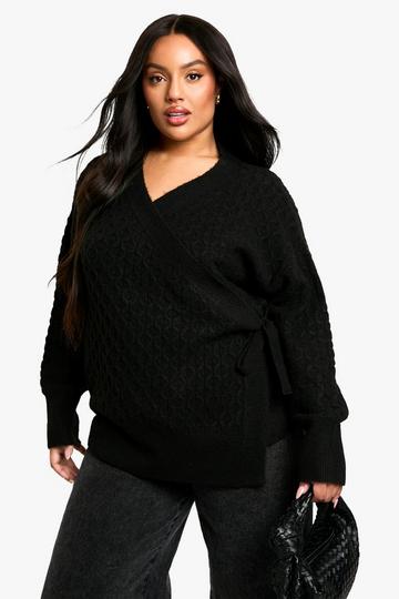 Plus Soft Cable Knitted Wrap Cardigan black