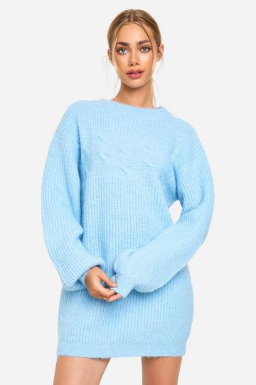 Knitted Crew Neck Mini Sweater Dress ice blue