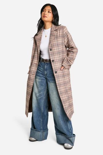 Petite Check Wool Look Longline Coat stone