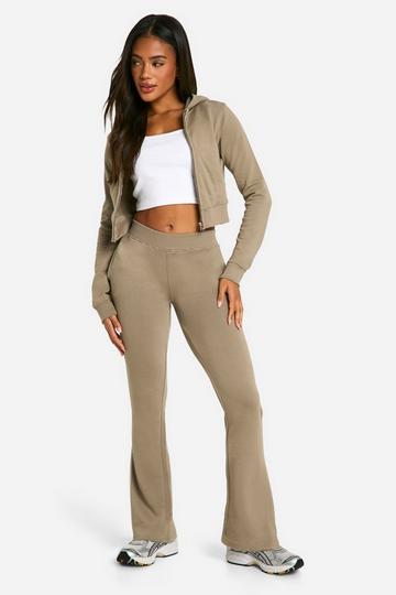 Shrunken Zip Through Hoodie And Straight Leg Sweatpant Set washed khaki