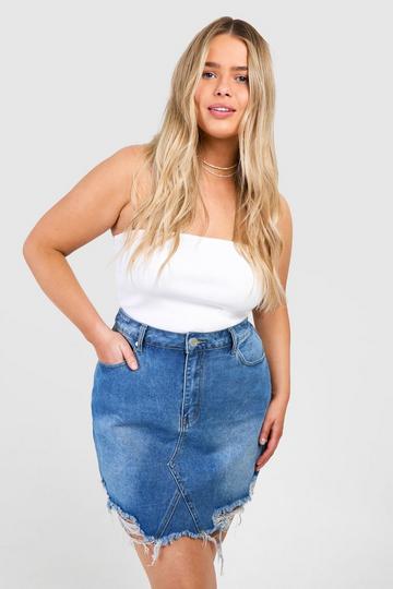 Plus Distressed Hem Denim Skirt mid blue