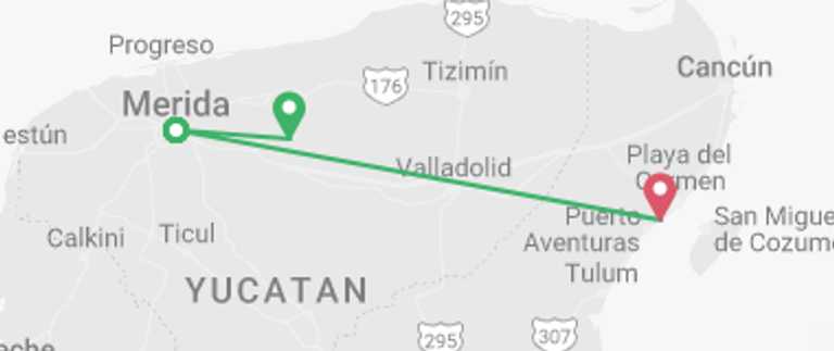 Map of a Expedition Tour with 4 destination visits for the trip: Premium Yucatan Backroads