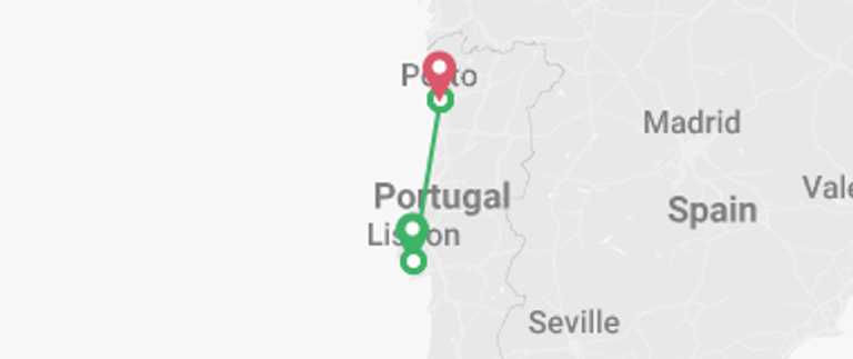 Map of a Expedition Tour with 5 destination visits for the trip: Best of Lisbon and Porto in 7 days