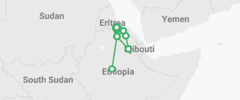 Map of a Expedition Tour with 5 destination visits for the trip: Danakil Depression Tour