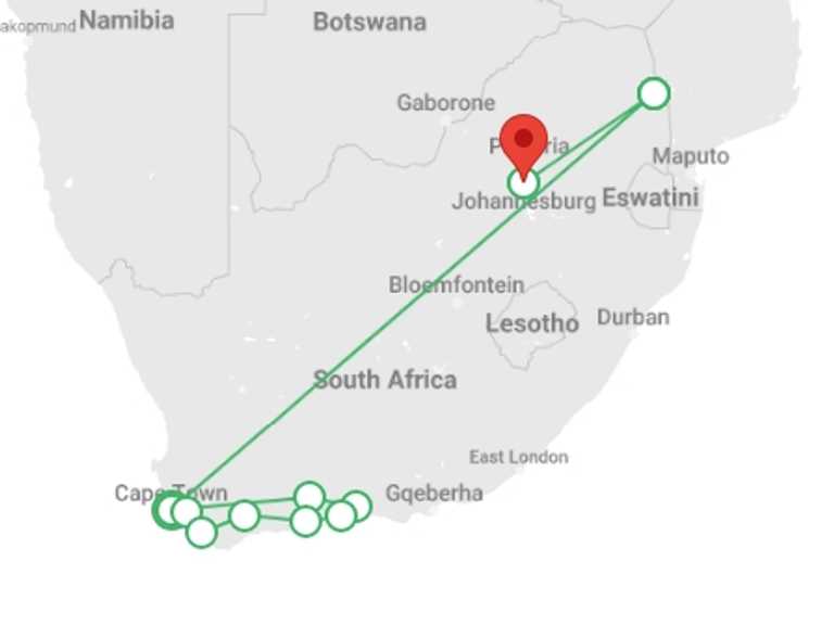 Map itinerary of South Africa Tour in April 2025 with 8 destination visits for the trip: South Africa Escape