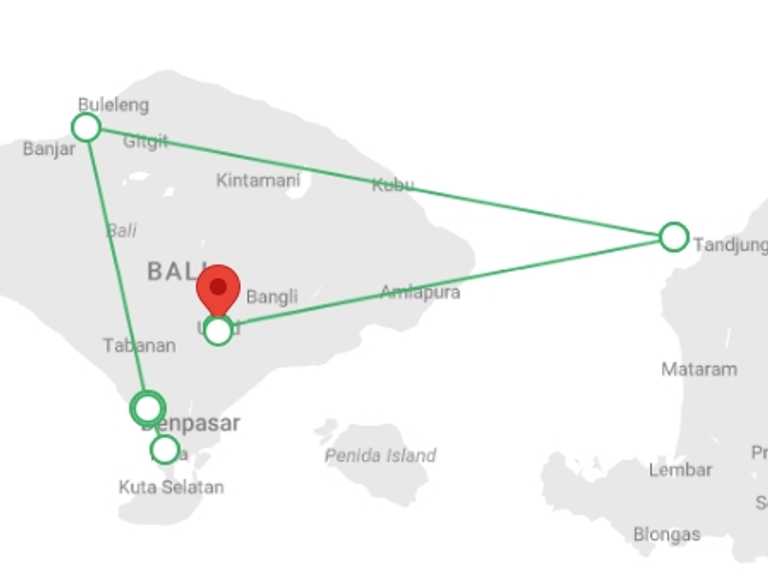 Map of a Snorkeling Tour with 7 destination visits for the trip: Bali Intro 12 day