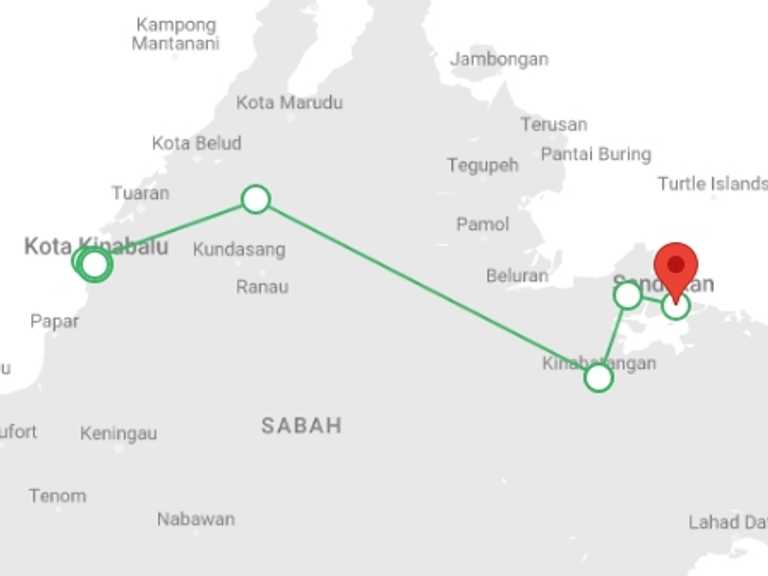 Map of a Snorkeling Tour with 6 destination visits for the trip: Sabah Highlights Adventure 7D/6N