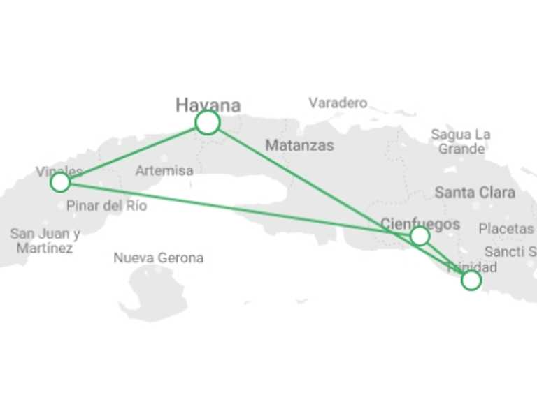 Map of a Snorkeling Tour with 6 destination visits for the trip: 8 Day Original Cuba Tour