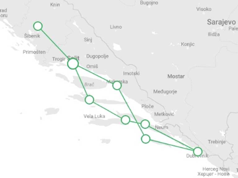 Map of a Snorkeling Tour with 8 destination visits for the trip: Croatia Sail Adventure