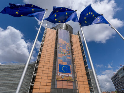 BRUSSELS, BELGIUM – MAY 16: European flags fly in front of the Berlaymont building, name