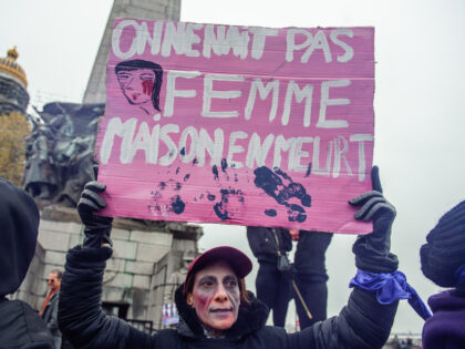 BRUSSELS, BELGIUM - 2022/11/27: A protester holds a placard expressing her opinion during