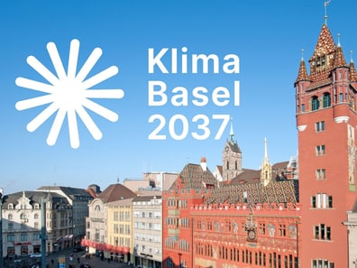 Klima Basel 2037 Logo vor Rathaus Basel-Stadt.