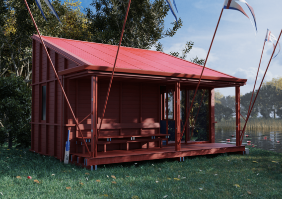 Cabin near a lake.