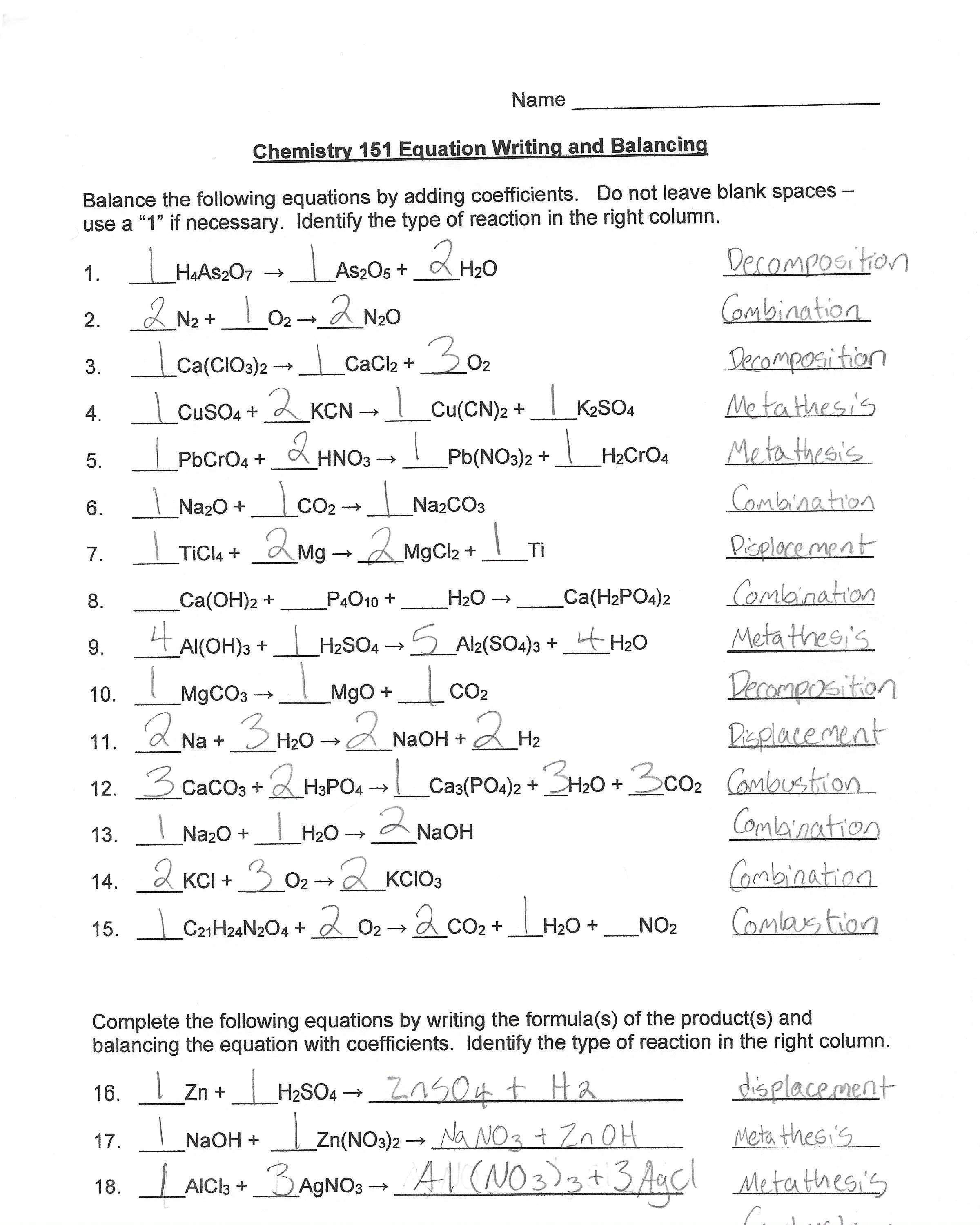 Solved Name Chemistry 151 Equation Writing and Balancing | | Chegg.com