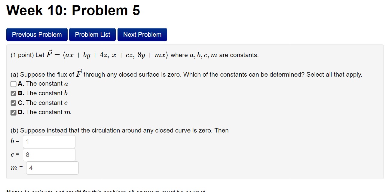 Solved (1 ﻿point) ﻿Let vec(F)=(:ax+by+4z,x+cz,8y+mx:) ﻿where | Chegg.com