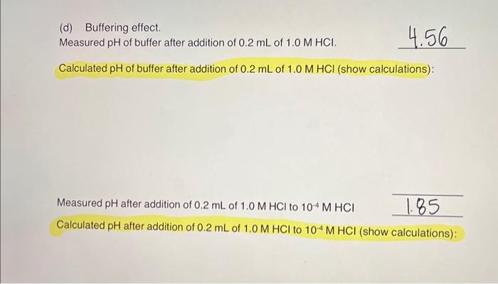 (d) Buffering effect. Measured pH of buffer after | Chegg.com