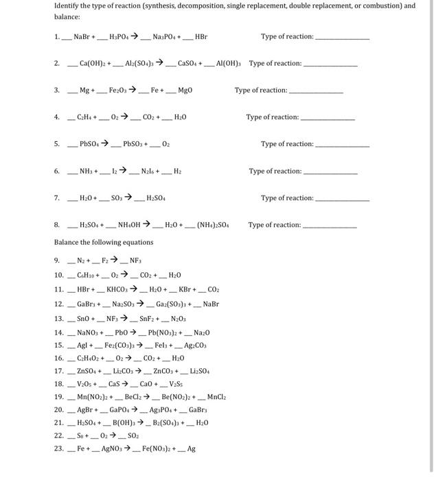 Solved Identify the type of reaction (synthesis, | Chegg.com