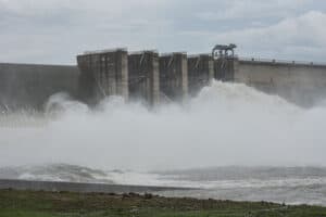 overflowing with two sluice gates open, 7 January 2025.