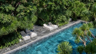 Image may contain Pool Water Swimming Pool Outdoors Plant Vegetation Chair Furniture Nature Land and Aerial View